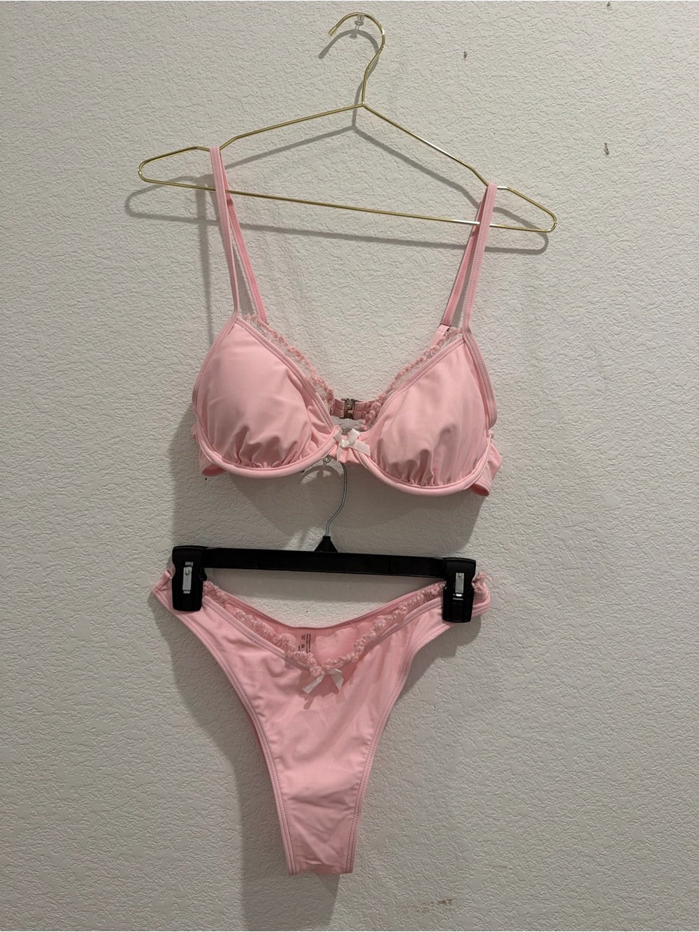 Coquette light baby pink underwire bikini swim set dainty straps white lace